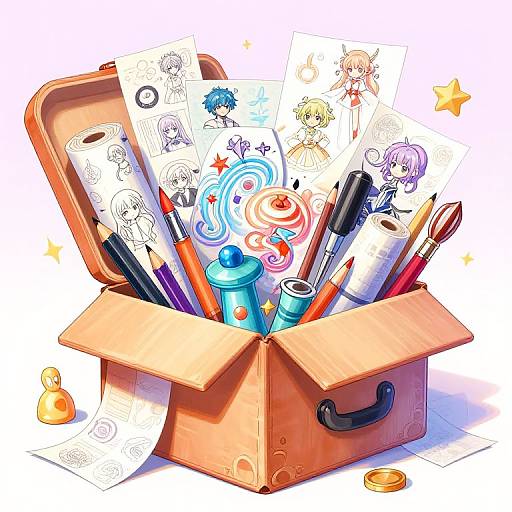 Vibrant digital illustration of an open, brown cardboard box filled with colorful art supplies, including pencils, markers, and sketches of anime-style characters.