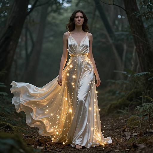 Photograph of a young woman with fair skin and dark wavy hair, wearing a flowing, satin, white gown adorned with glowing fairy lights, walking