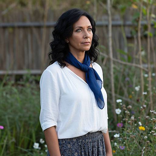 Photograph of a middle-aged woman with wavy black hair, wearing a white blouse, navy scarf, and patterned skirt, standing in a lush