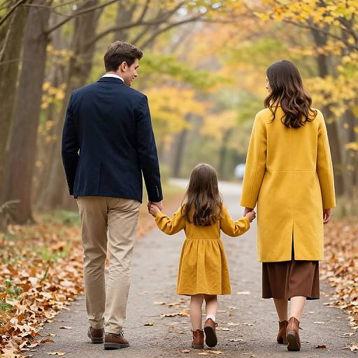 Photograph of a family holding hands, walking down a leaf-covered autumn path. Man in navy blazer, beige pants; woman in yellow coat,