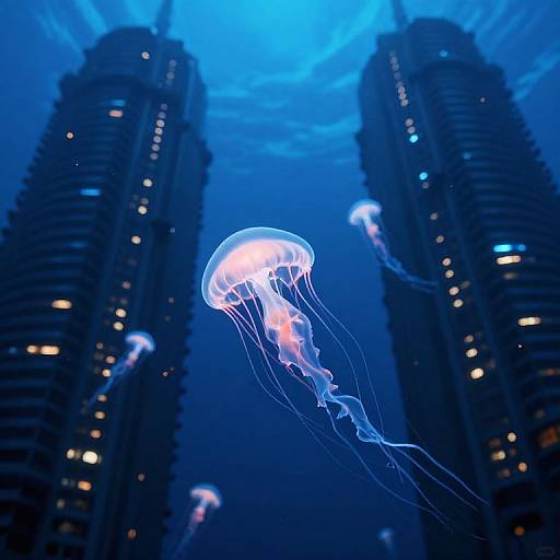 Photograph of glowing blue and white jellyfish amidst towering, dark skyscrapers with illuminated windows, set against a deep blue, cloudy sky backdrop.