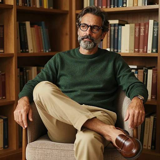Photograph of a middle-aged man with gray beard, black-rimmed glasses, dark green sweater, beige pants, brown loafers, sitting in