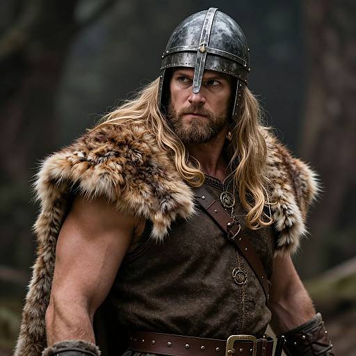 Photograph of a muscular, bearded Viking warrior with long blonde hair, wearing a metal helmet, fur cloak, and leather armor, standing in a