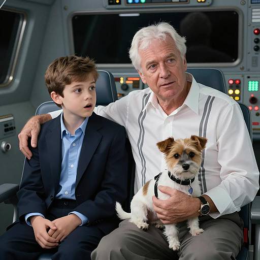 Man and Boy in Spacecraft Cockpit with Dog