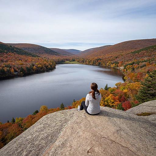 Photograph of a woman with brown hair, wearing a white jacket and black pants, sitting on a rocky ledge, overlooking a calm lake surrounded by colorful