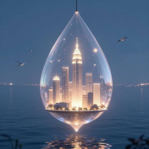 Photograph of a glowing, crystal teardrop-shaped light fixture containing a miniature illuminated cityscape, floating on a calm blue lake at night, with