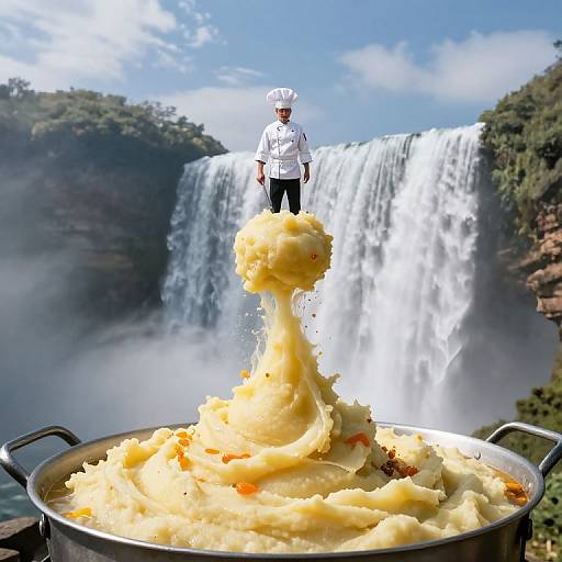Photorealistic image of a chef standing on a large scoop of creamy soup in a pot, with a towering waterfall and lush greenery in the background