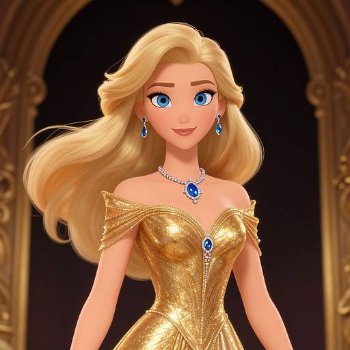 CGI image of a blonde, blue-eyed princess with long hair, wearing a gold, off-shoulder, sparkly dress and blue gemstone