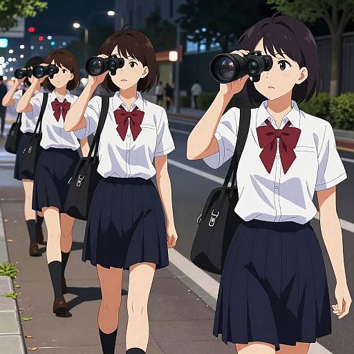 Anime-style digital illustration of four Japanese schoolgirls in white shirts, red bows, black skirts, and knee-high socks, walking on a city street at