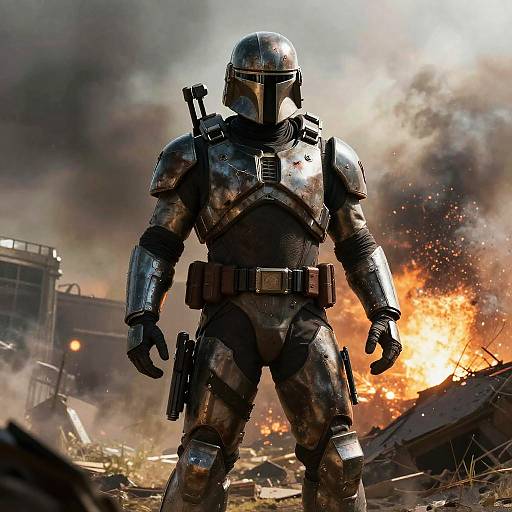 Digital art of a armored Mandalorian soldier with a helmet, standing amidst a fiery, smoky battlefield wreckage. Bright orange flames and black smoke in the