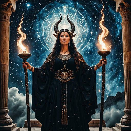 Goddess of Magic with Torches in Cosmic Temple
