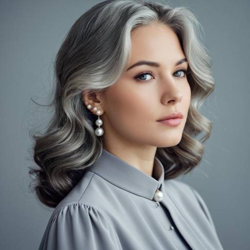 Elegant Woman with Grey Wavy Hair and Pearl Earrings