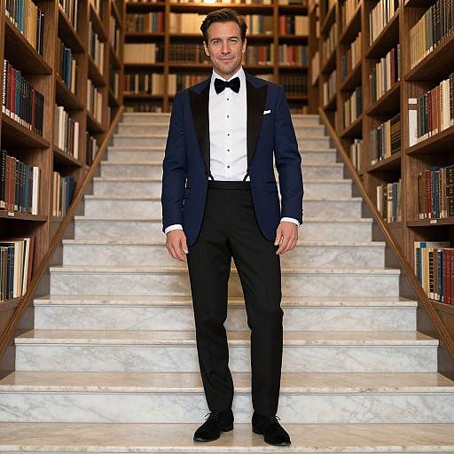 Photograph of a smiling middle-aged man in a black tuxedo with bow tie, standing on marble stairs flanked by bookshelves.