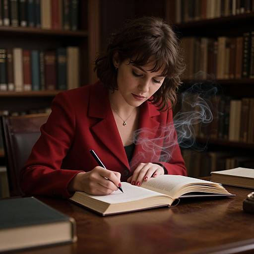 Photograph of a focused woman with short brown hair, in a red blazer, writing in an open book on a wooden table, surrounded by books