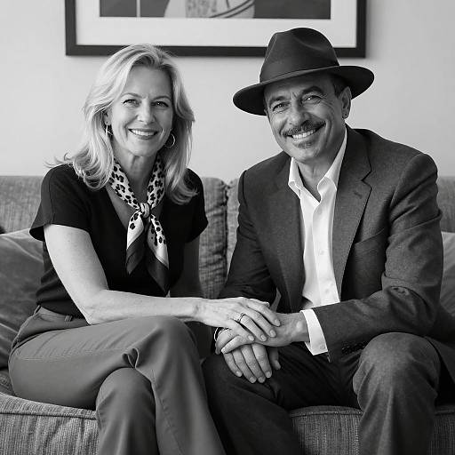 Black and white portrait of a smiling couple on couch