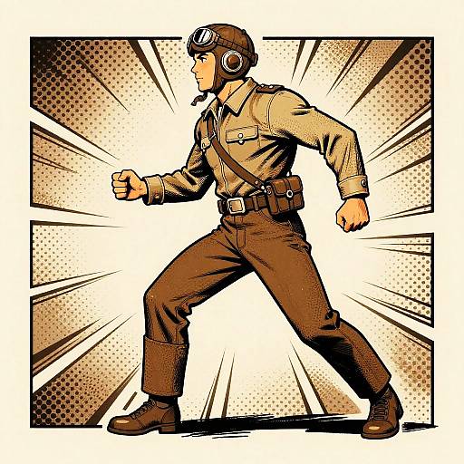 Digital comic-style drawing of a determined pilot in brown aviator outfit, goggles, and headset, poised for action with fists raised. Background features dynamic radi