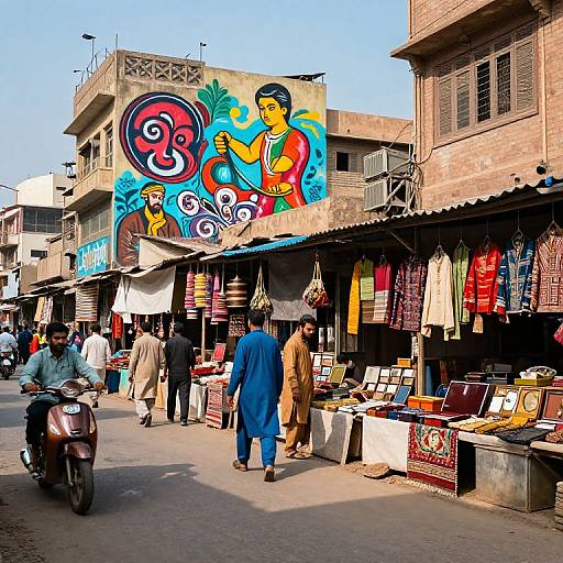 Vibrant street market photograph: colorful mural of dancing figures, men in traditional attire, shops with hanging clothes, and a motorbike.