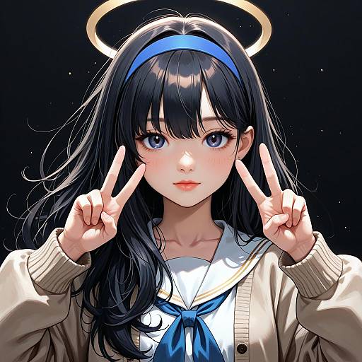 Anime-style digital drawing of a black-haired girl with blue eyes, wearing a blue headband, halo, white sailor uniform, and beige cardigan,