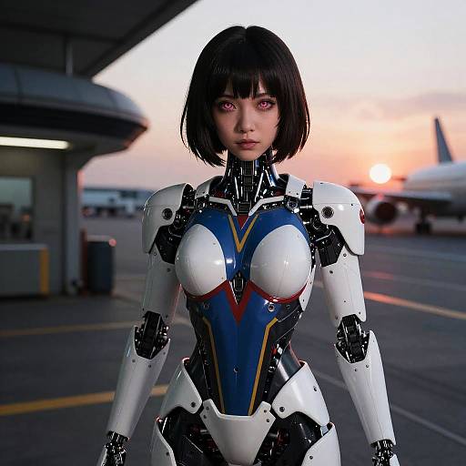 Photorealistic CGI of a cybernetic woman with black bob haircut, pink eyes, and white-blue-red armored suit, standing on an airport t