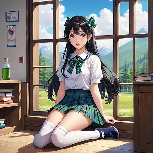 Anime-style digital illustration of a cute, long-haired girl in a green plaid school uniform, kneeling in a sunlit classroom with mountains outside.