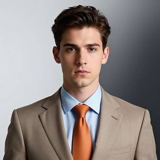 Photograph of a young man with fair skin and dark brown hair, wearing a light beige suit, blue shirt, and orange tie, against a gradient
