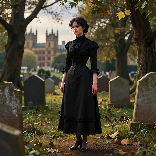 Photograph of a Victorian-style woman in a black dress standing in an autumnal cemetery with gravestones and a distant gothic cathedral.