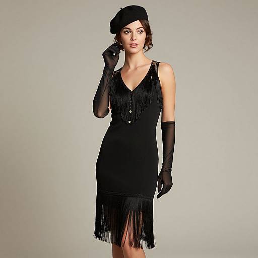 Photograph of a slender, fair-skinned woman in a black fringe dress, black gloves, and beret, posing against a plain gray background.