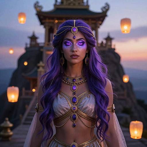 Digital artwork of a purple-haired woman with glowing purple eyes, wearing gold and purple jewelry, in a mystical, lantern-lit temple.
