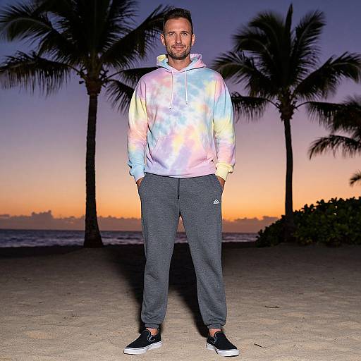 Man in Pastel Hoodie on Tropical Beach