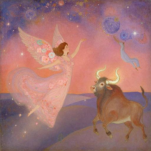 Digital painting of a pink-winged angel in a glowing dress, reaching for floating blue orbs, above a brown bull with golden horns under a vibrant,