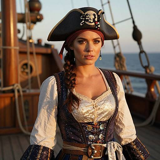 Photograph of a young woman with brown hair in a braid, wearing a pirate hat with a skull and crossbones, white blouse, and blue