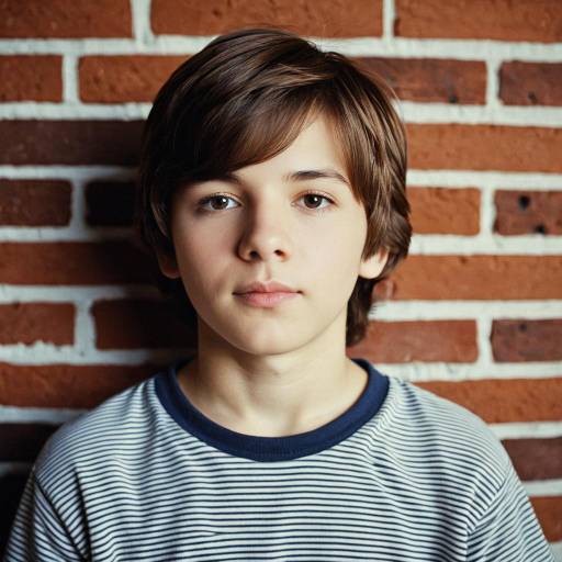Portrait of Boy with Brown Hair Against Brick Wall