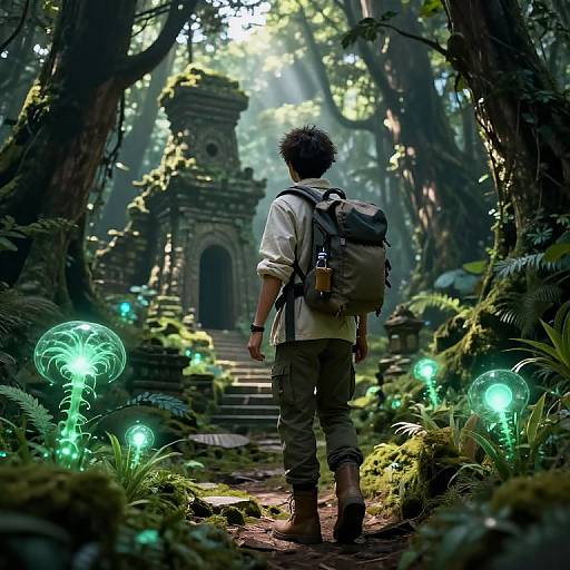 Photorealistic digital art of a curly-haired adventurer with backpack, facing ancient ruins in a mystical, glowing forest, surrounded by bioluminescent plants