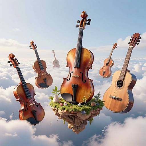 Photograph of six floating string instruments (violins and guitars) surrounded by clouds, with a grassy pedestal in the center. Bright blue sky background