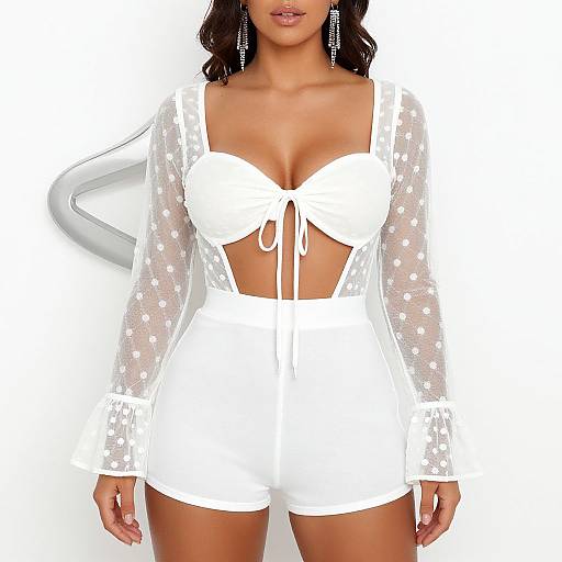Photograph of a woman with medium brown skin wearing a white, polka-dotted, long-sleeve crop top, white bralette, and