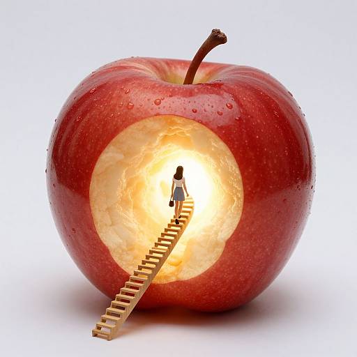 Photograph of a red apple with water droplets, glowing circular hole, and tiny wooden stairs leading inside, with a small person climbing.