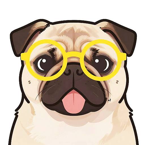 Digital illustration of a pug with large, yellow, round glasses and a pink tongue sticking out, set against a white background.