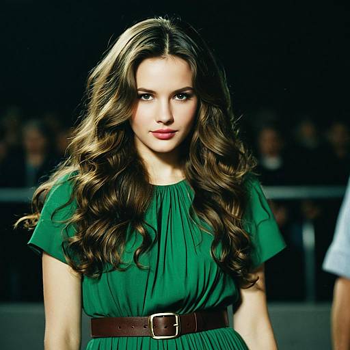 Young Woman in Green Dress with Wavy Hair
