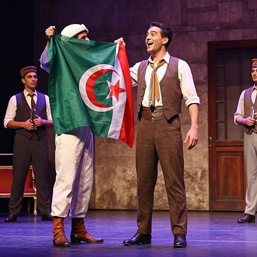 Photograph of a stage play: man in brown vest and tie, white shirt, black pants, laughing, holds up Turkish flag, another man in