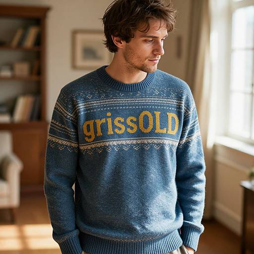 Photograph of a young man with tousled brown hair, wearing a blue sweater with 