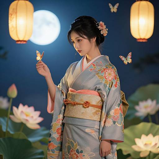 Photograph of an Asian woman in a floral gray kimono, holding a butterfly, under moonlight with lanterns, surrounded by lotus flowers.
