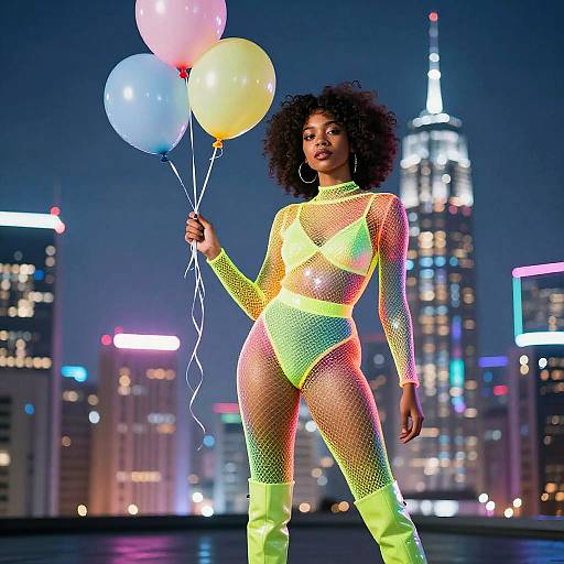 Photograph of a Black woman with curly hair in a neon yellow, pink, and green fishnet bodysuit holding balloons, standing against a nighttime
