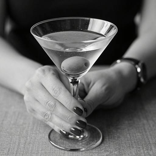 Black-and-white photograph of a woman's hands with dark nail polish holding a martini glass with a single olive, wearing a watch.