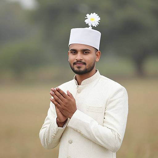 Photograph of a bearded South Asian man in a white traditional sherwani and turban with a daffodil, hands clasped,