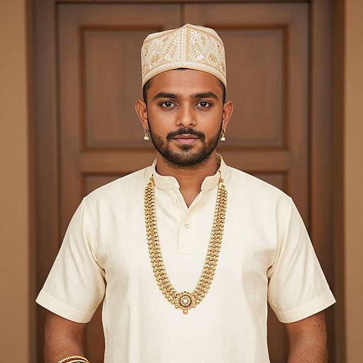 Photograph of a handsome South Asian man with dark skin, short black beard, wearing a white traditional cap, white shirt, and gold necklace, standing