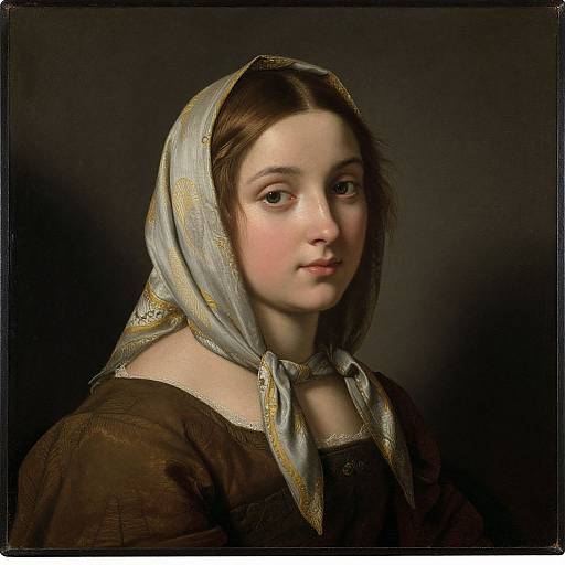 Photorealistic portrait of a young woman with fair skin, brown eyes, and brown hair, wearing a delicate, patterned headscarf and brown