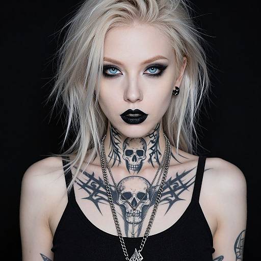 Photograph of a pale-skinned, blonde woman with blue eyes, black lipstick, and extensive skull and tribal tattoos, wearing a black tank top and