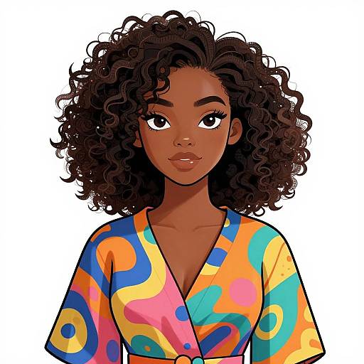 Digital illustration of a dark-skinned woman with curly black hair, wearing a colorful, abstract-patterned V-neck shirt, looking directly at the viewer.