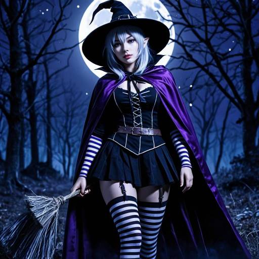 Young Witch in Purple Cape Under Full Moon