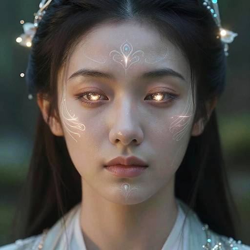 Photorealistic portrait of an Asian woman with glowing white facial markings, dark hair, and a serene expression, wearing a white garment. Background is blurred